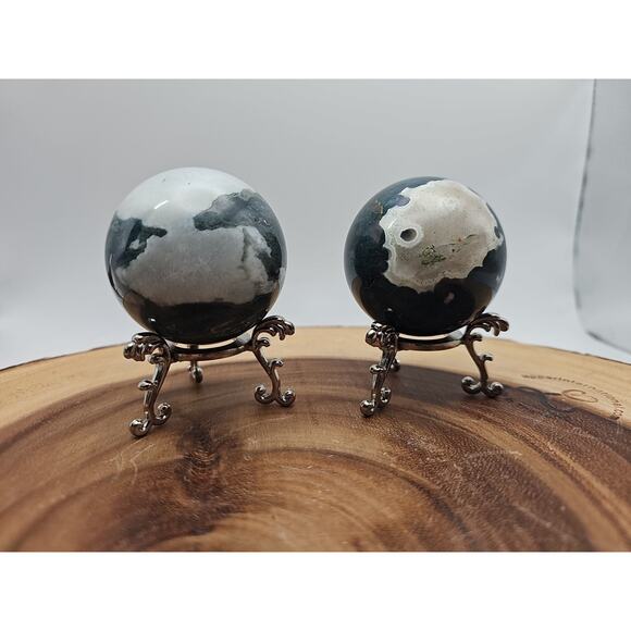 1 Pair Moss Tree Agate Sphere W/Stand 52mm .93lb - Picture 2 of 10